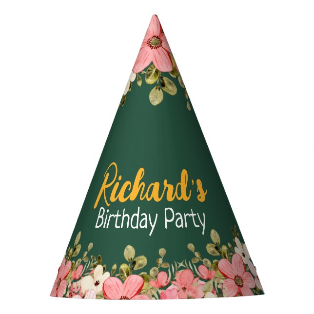 Floral Cute Puppy Kids Birthday Party Hat (Front)