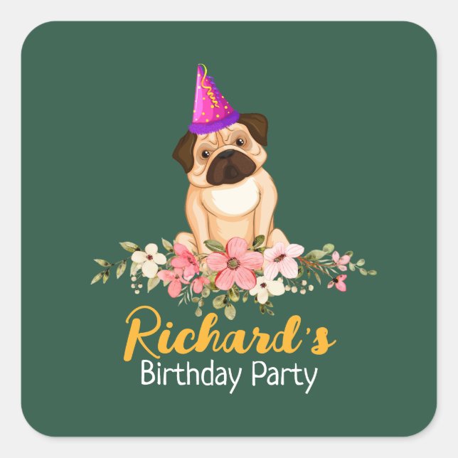 Floral Cute Puppy Kids Birthday Square Sticker (Front)