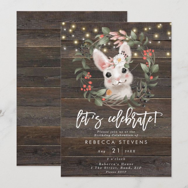 floral cute rabbit bunny let's celebrate birthday invitation (Front/Back)
