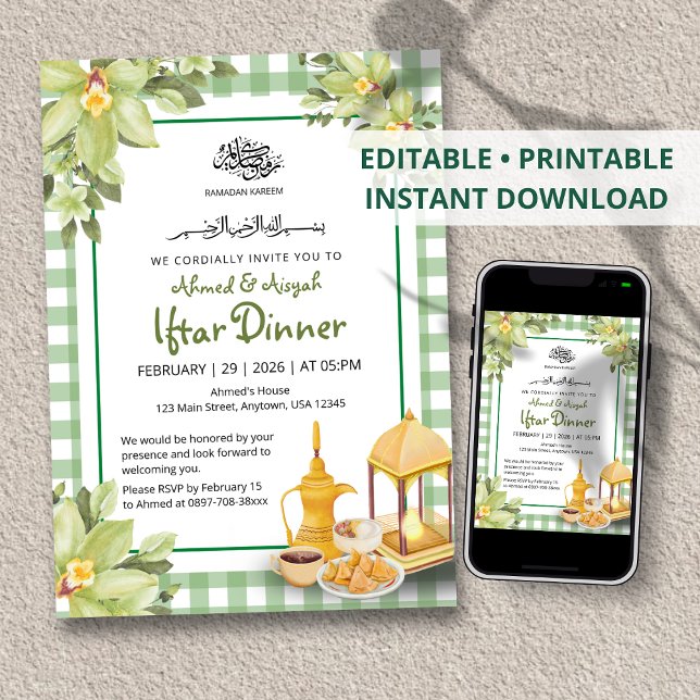 Floral Cute Sage Green Gingham Ramadan Iftar Invitation (Creator Uploaded)