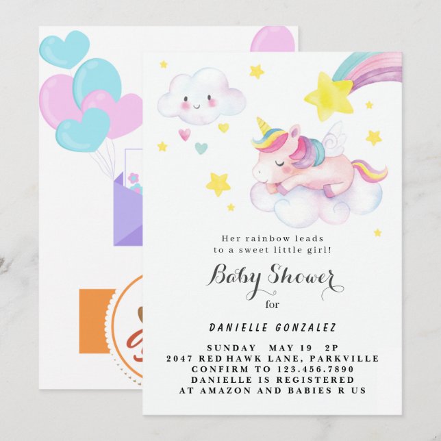 Floral Cute Unicorn Baby Shower Invitation Girl (Front/Back)