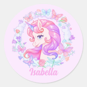 Floral Cute Unicorn Butterfly Personalised Name Classic Round Sticker