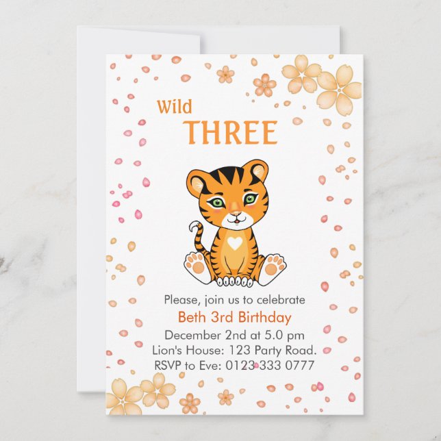 Floral Cute Wild Three Tiger 3rd Birthday Invitation (Front)