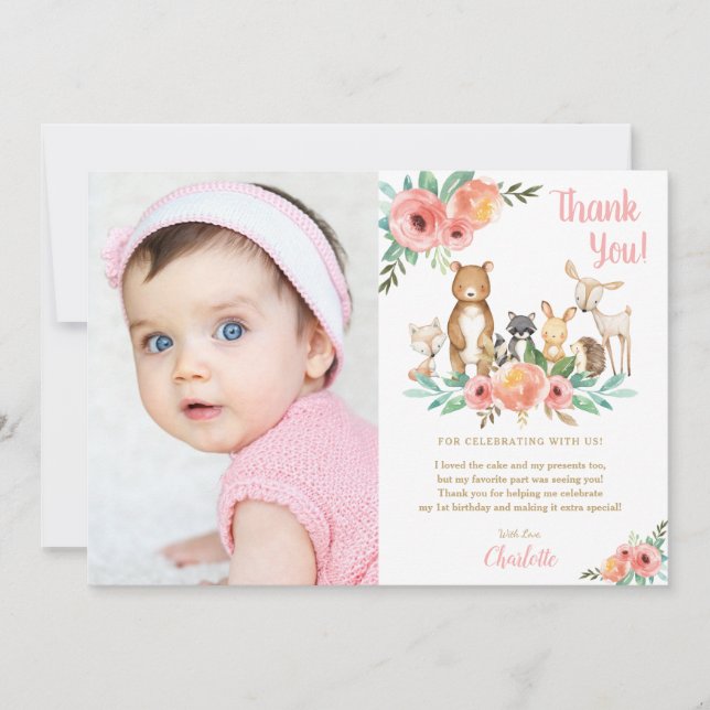 Floral Cute Woodland Animals Girl Birthday Photo Thank You Card (Front)