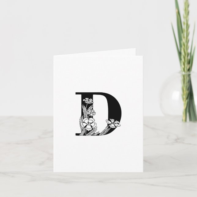 Floral D Monogram On White Note Card (Front)