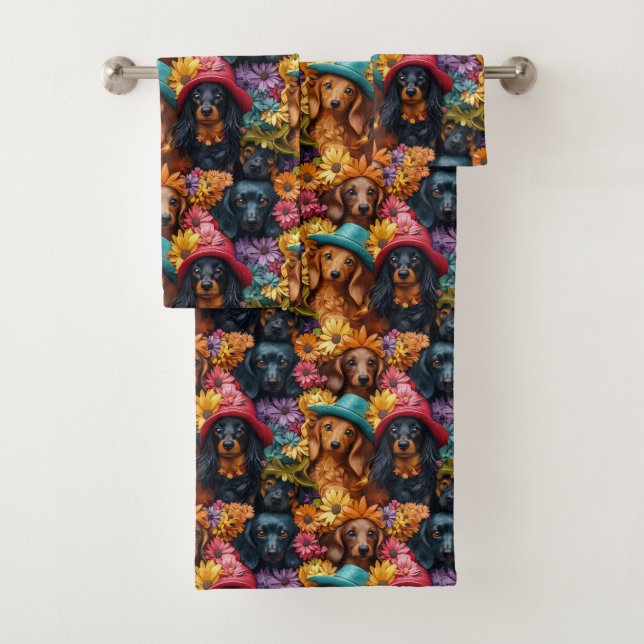 Floral Dachshund Seamless Pattern - Dog Lovers Bath Towel Set (Insitu)