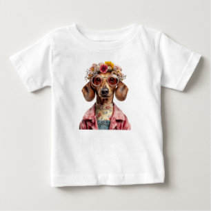 Floral Dachshund with Vintage Style Baby T-Shirt