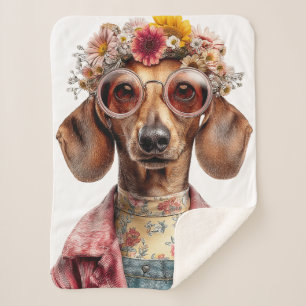 Floral Dachshund with Vintage Style Sherpa Blanket