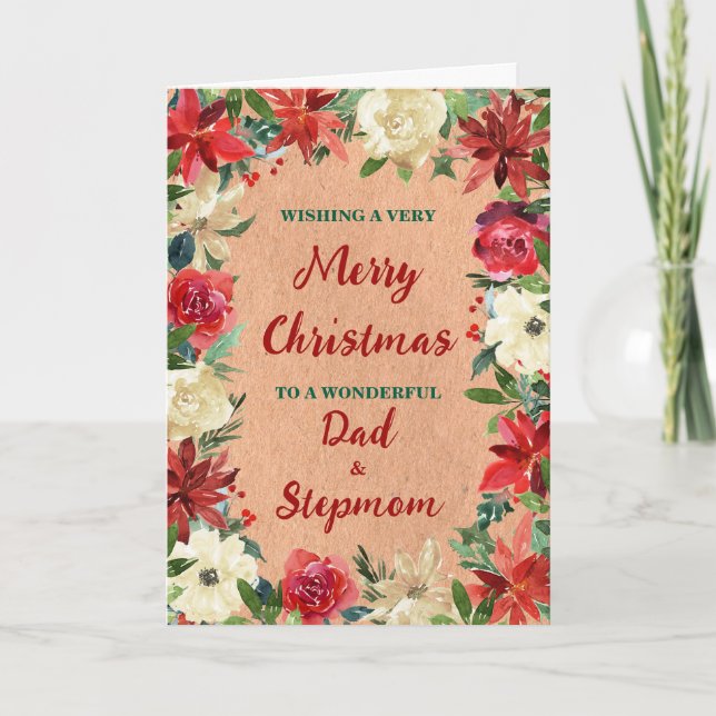 Floral Dad and Stepmom Merry Christmas Card (Front)