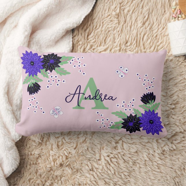 Floral Dahlia Bloom Bouquet Custom Monogram Name Lumbar Cushion (Blanket)