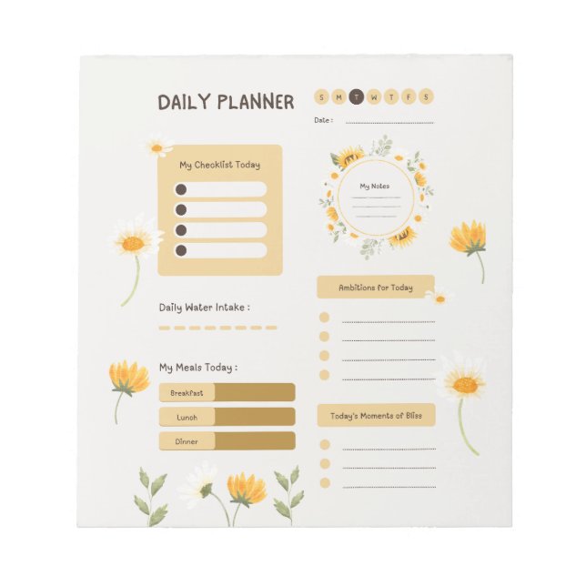 Floral Daily Planner with Sunflowers & Daisies Notepad (Front)