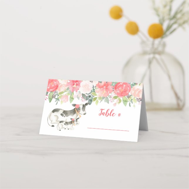 Floral Dairy Cow Farm Peony Flower Place Cards (Front)