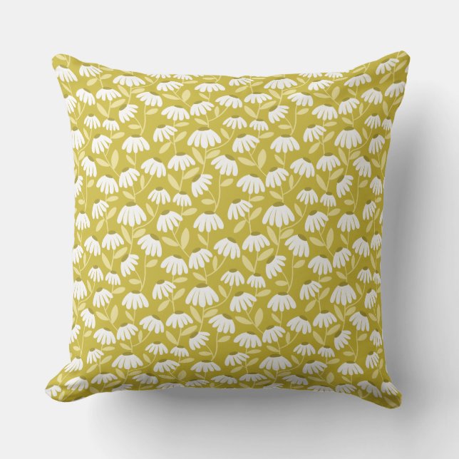 Floral Daisies Pattern Dark Gold & Olive Green Cushion (Front)