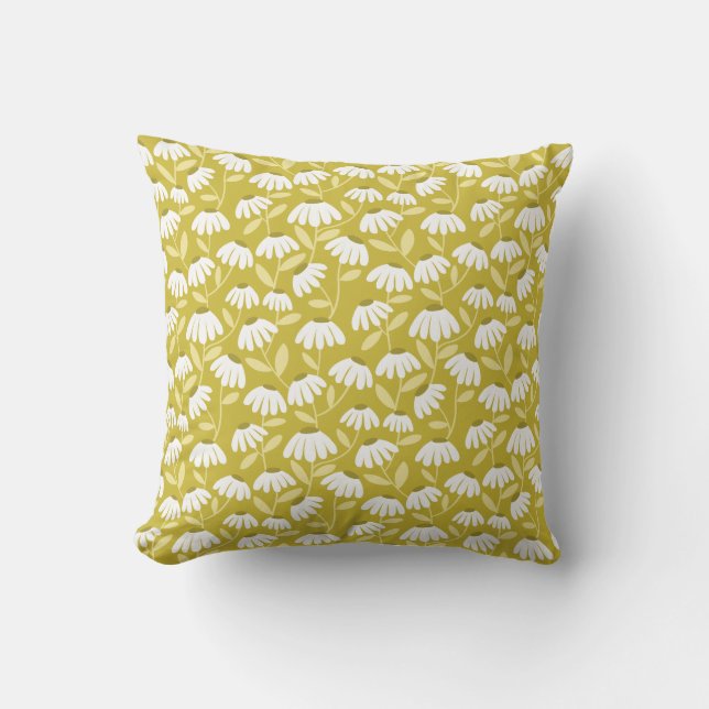 Floral Daisies Pattern Dark Gold & Olive Green Cushion (Front)