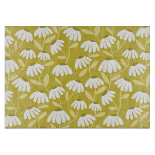 Floral Daisies Pattern Dark Gold & Olive Green Cutting Board