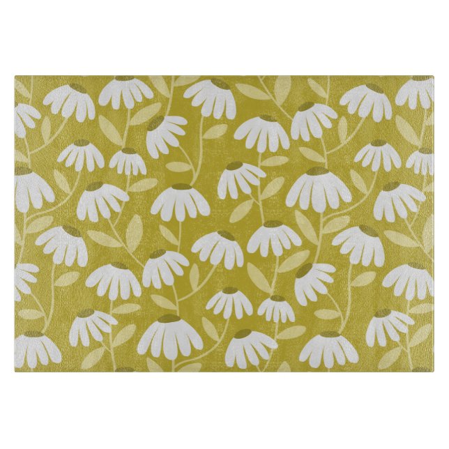 Floral Daisies Pattern Dark Gold & Olive Green Cutting Board (Front)
