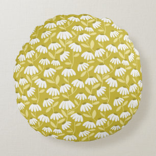 Floral Daisies Pattern Dark Gold & Olive Green Round Cushion