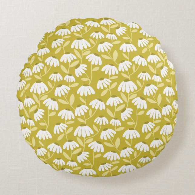 Floral Daisies Pattern Dark Gold & Olive Green Round Cushion (Front)