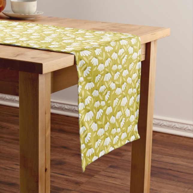 Floral Daisies Pattern Dark Gold & Olive Green Short Table Runner (In Situ)