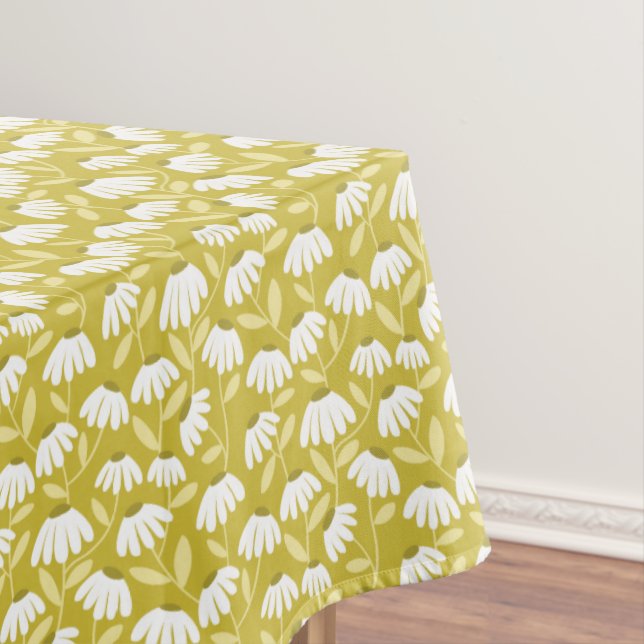 Floral Daisies Pattern Dark Gold & Olive Green Tablecloth (In Situ)
