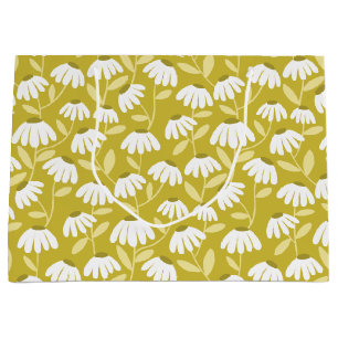 Floral Daisies Pattern Olive & Mustard Green Large Gift Bag