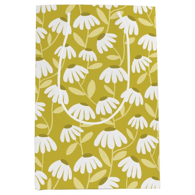 Floral Daisies Pattern Olive & Mustard Green Medium Gift Bag (Front)