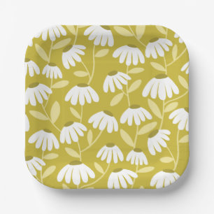 Floral Daisies Pattern Olive & Mustard Green Paper Plate