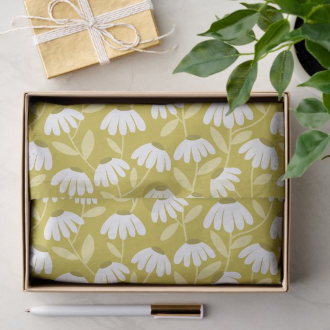 Floral Daisies Pattern Olive & Mustard Green Tissue Paper (Gift)