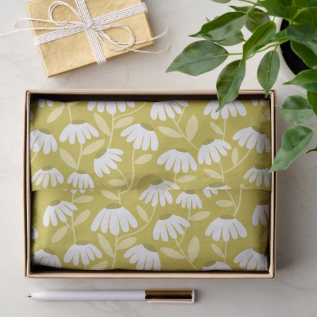 Floral Daisies Pattern Olive & Mustard Green Tissue Paper (Gift)