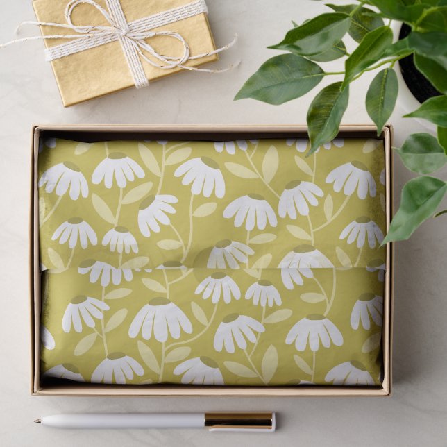 Floral Daisies Pattern Olive & Mustard Green Tissue Paper (Gift)