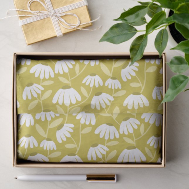 Floral Daisies Pattern Olive & Mustard Green Tissue Paper (Gift)