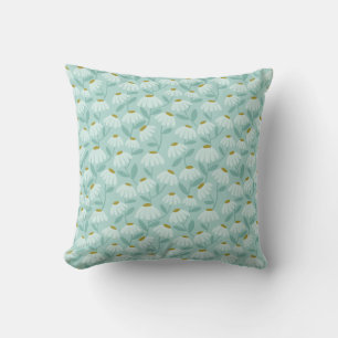 Floral Daisies Pattern Teal Blue & Olive Green Cushion