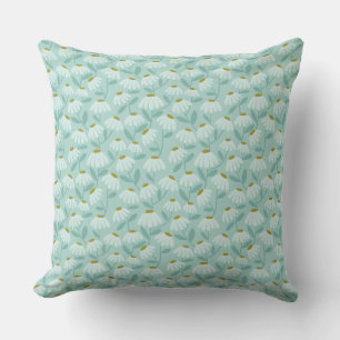 Floral Daisies Pattern Teal Blue & Olive Green Cushion