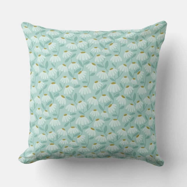 Floral Daisies Pattern Teal Blue & Olive Green Cushion (Front)