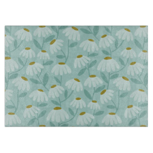 Floral Daisies Pattern Teal Blue & Olive Green Cutting Board
