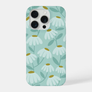 Floral Daisies Pattern Teal Blue & Olive Green iPhone 15 Pro Case