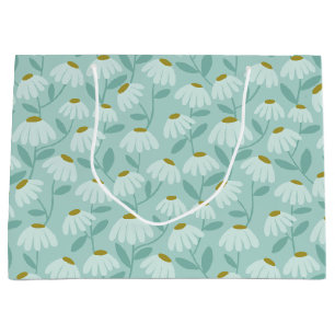 Floral Daisies Pattern Teal Blue & Olive Green Large Gift Bag