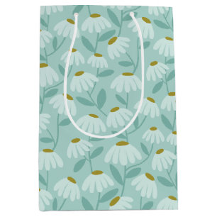 Floral Daisies Pattern Teal Blue & Olive Green Medium Gift Bag