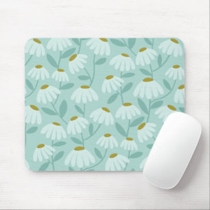 Floral Daisies Pattern Teal Blue & Olive Green Mouse Mat