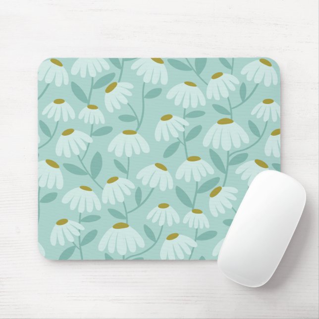 Floral Daisies Pattern Teal Blue & Olive Green Mouse Mat (With Mouse)