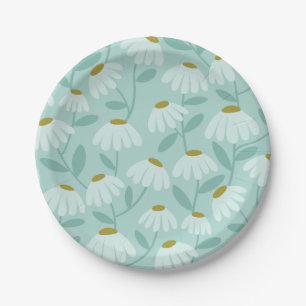 Floral Daisies Pattern Teal Blue & Olive Green Paper Plate