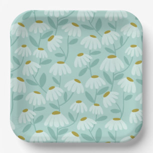 Floral Daisies Pattern Teal Blue & Olive Green Paper Plate
