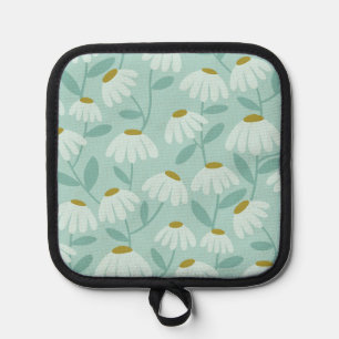 Floral Daisies Pattern Teal Blue & Olive Green Pot Holder