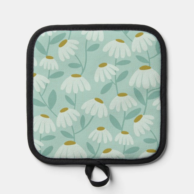 Floral Daisies Pattern Teal Blue & Olive Green Pot Holder (Front)