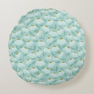 Floral Daisies Pattern Teal Blue & Olive Green Round Cushion