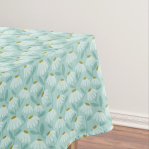 Floral Daisies Pattern Teal Blue & Olive Green Tablecloth