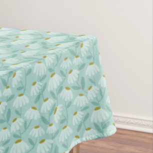 Floral Daisies Pattern Teal Blue & Olive Green Tablecloth