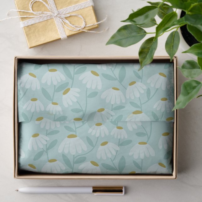 Floral Daisies Pattern Teal Blue & Olive Green Tissue Paper (Gift)
