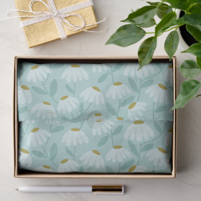 Floral Daisies Pattern Teal Blue & Olive Green Tissue Paper (Gift)