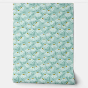 Floral Daisies Pattern Teal Blue & Olive Green Wallpaper